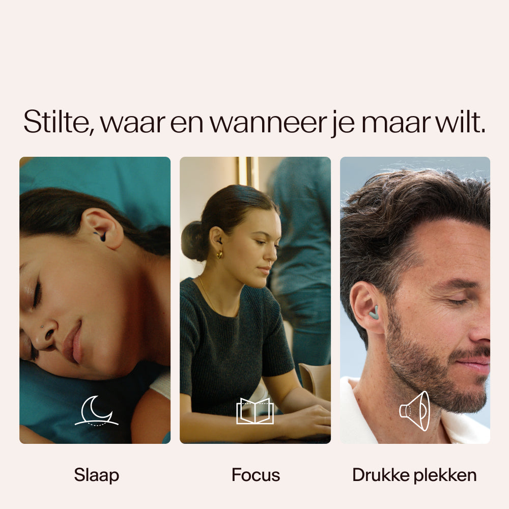 Three people in different states of rest or focus with text and icons indicating 'Sleep', 'Focus', and 'Press spots' #color_green  #lang_nl