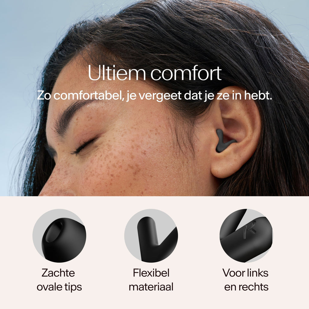 Close-up of a person wearing earplugs with text about comfort and product features #color_black  #lang_nl