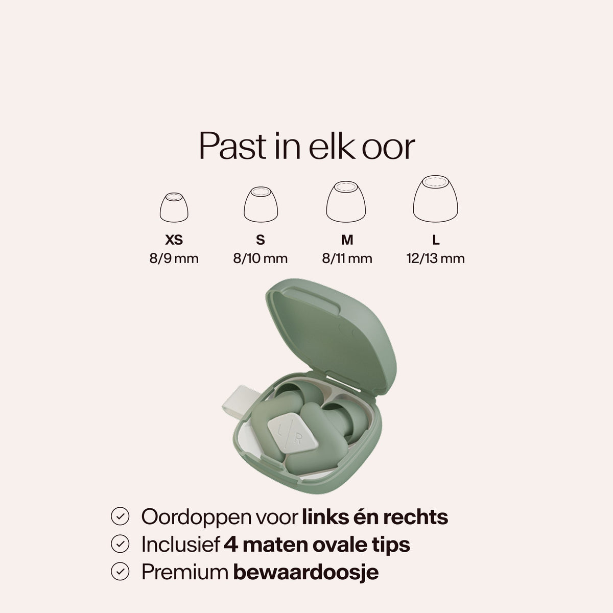 Beige earbud case with size chart on a light pink background #color_green  #lang_nl