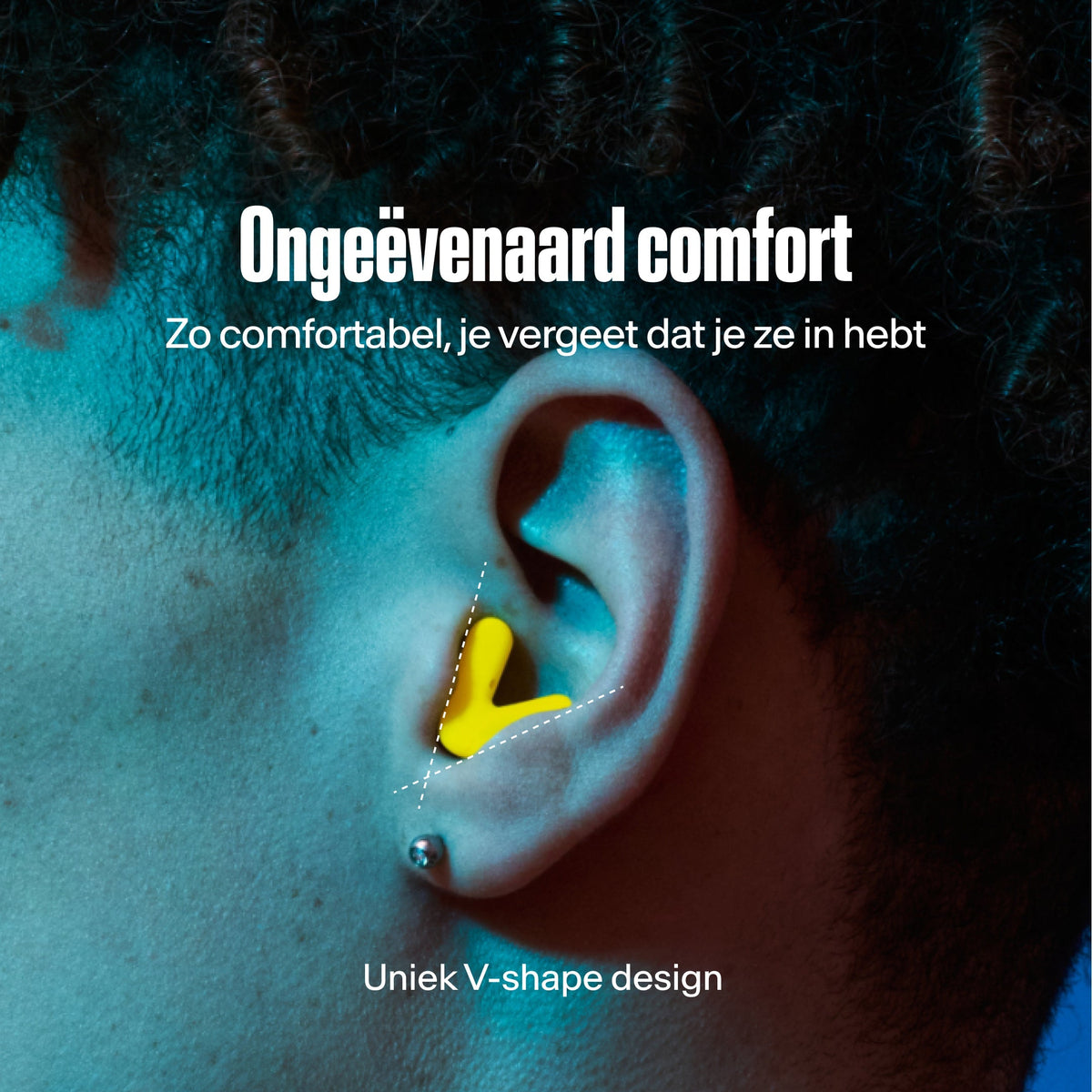 detailed image of an ear with an alpine tune earplug in neon-yellow showing the snug fit in ear #color_neon-yellow  #lang_nl