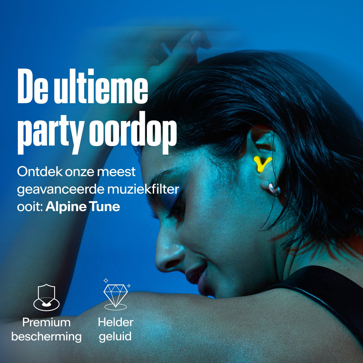 Vrouw draagt Alpine Tune in neon-yellow – toont USP geavanceerde muziekfilter #color_neon-yellow #lang_nl