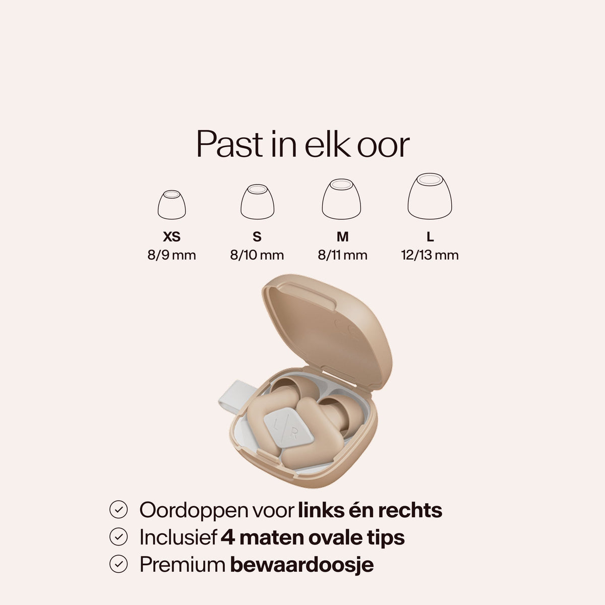 Beige earbud case with size chart on a light pink background #color_beige  #lang_nl
